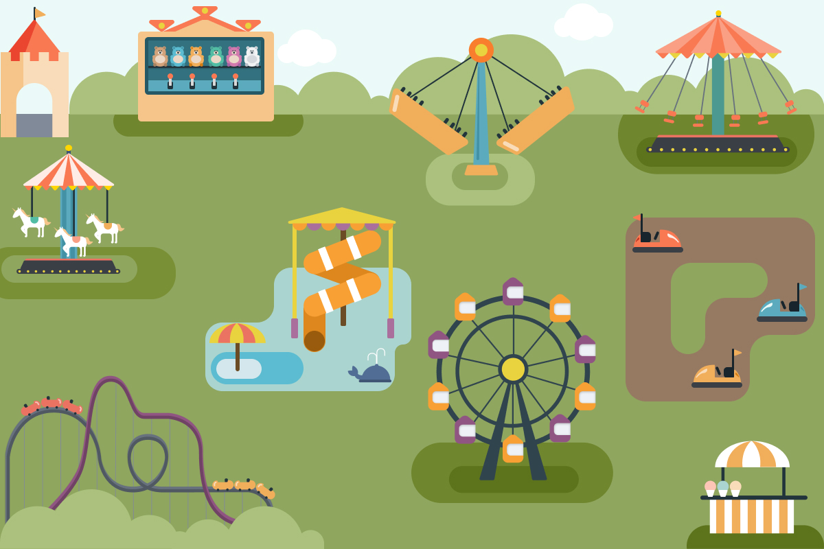 An illustration of an amusement park An illustration of an amusement park with several rides.